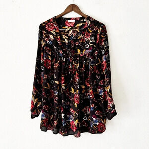 DR2 Patterned Boho Tassle Tie Neck Split Neck Roll Tab Blouse 2X Floral Plus
